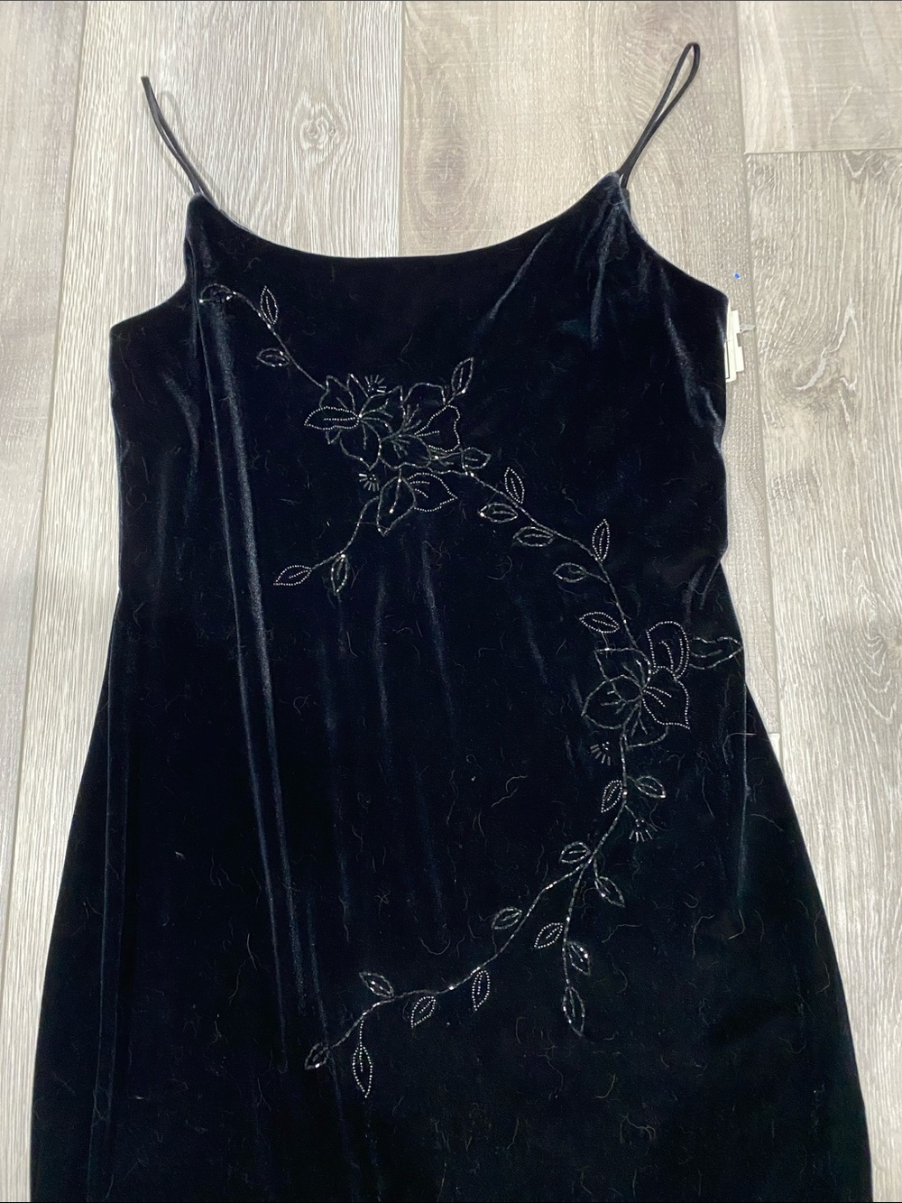Y2K Black Velvet Slip Dress with Beaded Floral Detail - Picture 2 of 5